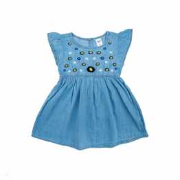 "Girls Summenr denim  Frock with Embroidery Sky Blue"